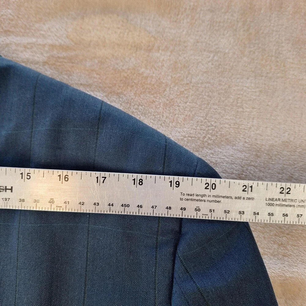Vintage Christian Dior Suit Jacket Mens 44 Blue Herringbone Ventless 2 Btn